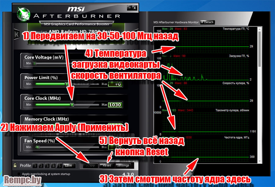 Как понизить частоту ядра в MSI Afterburner