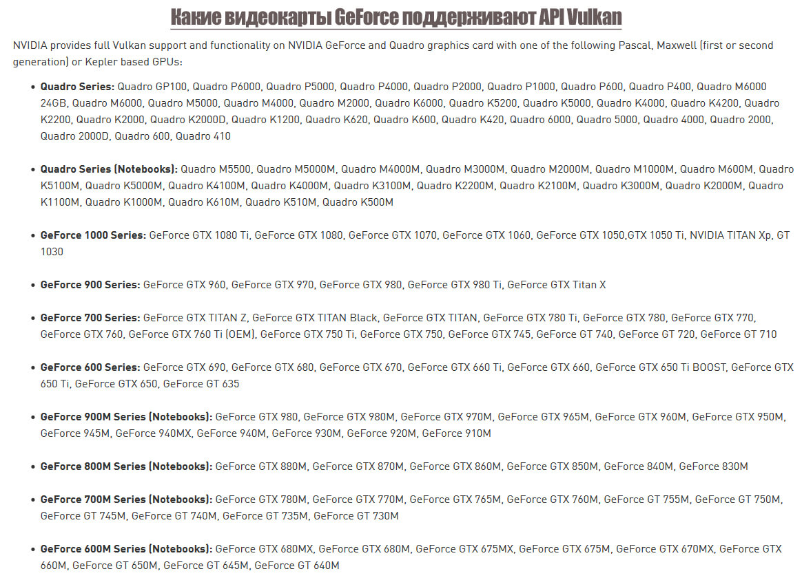 Какие видеокарты GeForce поддерживают API Vulkan