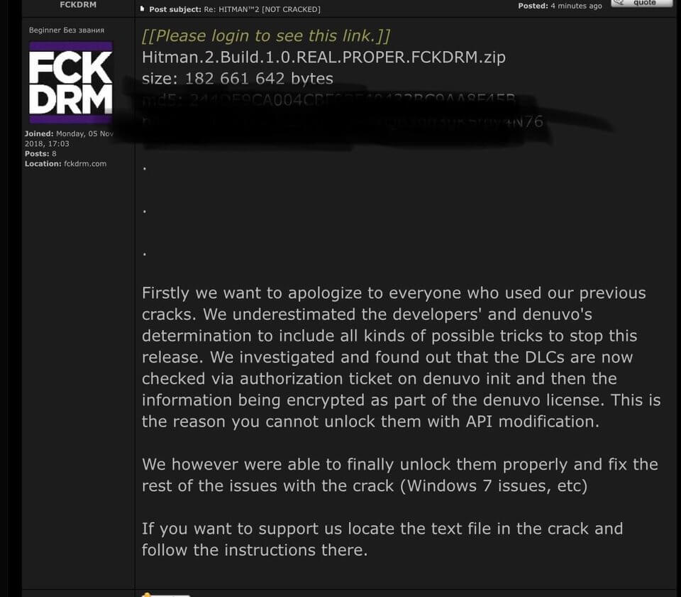 FCKDRM всё-таки вроде допилили кряк к Хитману