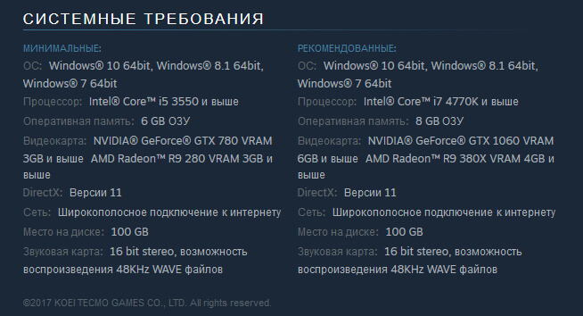 Nioh: Complete Edition системные требования для компьютера