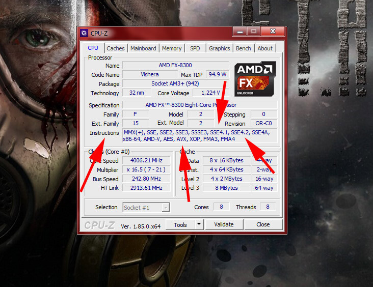 CPU Z проверить инструкции SSE 4.1, 4.2