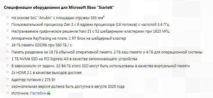 Спецификации оборудования для Microsoft Xbox Scarlett