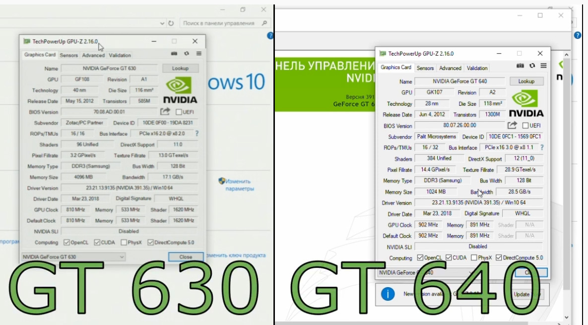 Сравнение характеристик GT 630 и GT 640
